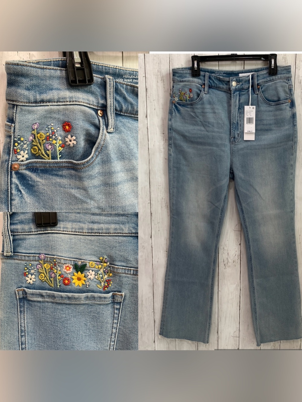 Karyn Seo Embroidered Pockets Floral Straight Leg High Waisted Jeans Size 14/32